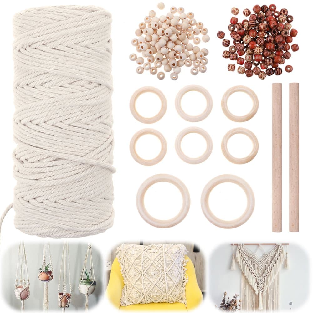 Naturlig makramesnöre 3 mm bomullssnöre med 8 st träring och 2 träpinnar för DIY Craft Plant Hangers Stickning