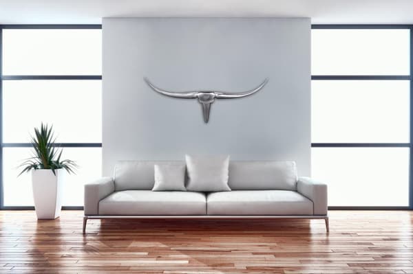 Rootz Deco Antler Bull M Sølv 100 cm Aluminium Design Horn - Vægdekoration tyrehoved horn moderne - Vægskulptur gevir jagttrofæ metal - Longhorn Vægde