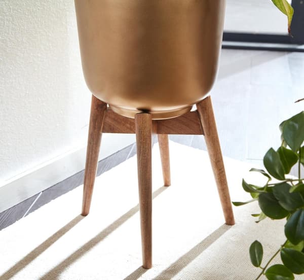 Rootz urtepottesæt med 2 metal - plantekasser i massivt træ guld med fødder - Design plantekrukke rund - Urtepottepotte