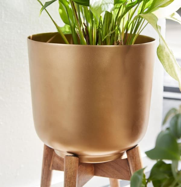 Rootz urtepottesæt med 2 metal - plantekasser i massivt træ guld med fødder - Design plantekrukke rund - Urtepottepotte