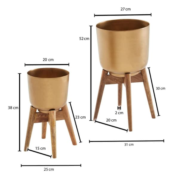 Rootz urtepottesæt med 2 metal - plantekasser i massivt træ guld med fødder - Design plantekrukke rund - Urtepottepotte