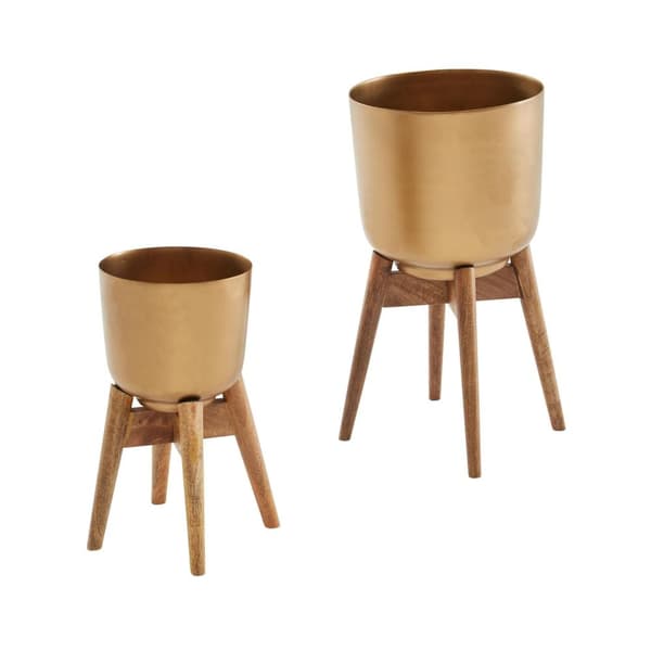 Rootz urtepottesæt med 2 metal - plantekasser i massivt træ guld med fødder - Design plantekrukke rund - Urtepottepotte