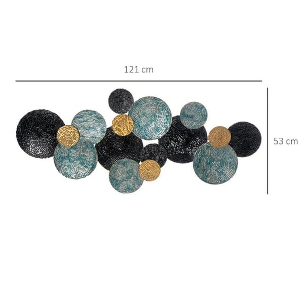 Rootzin metalliseinäkoristelu - 3D-seinätaide ympyröillä - Seinäkoriste - Kulta + sininen + musta - 121 cm x 4 cm x 53 cm