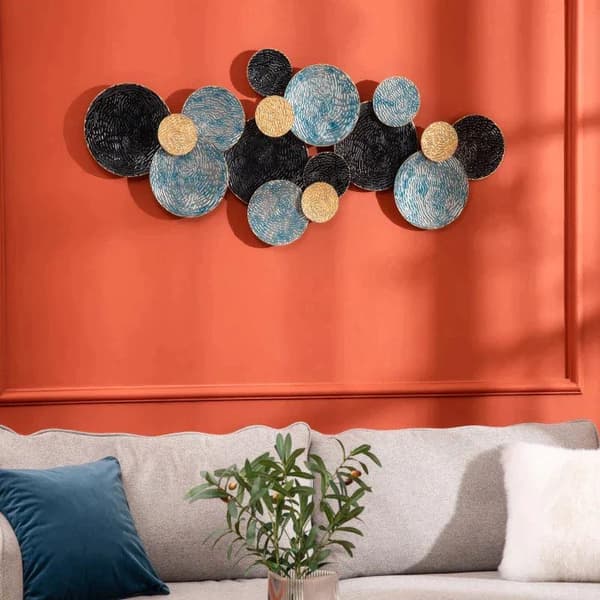 Rootzin metalliseinäkoristelu - 3D-seinätaide ympyröillä - Seinäkoriste - Kulta + sininen + musta - 121 cm x 4 cm x 53 cm