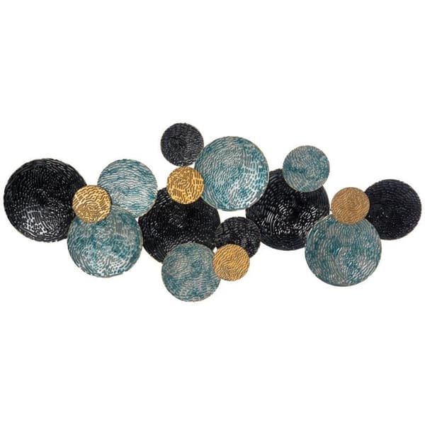 Rootzin metalliseinäkoristelu - 3D-seinätaide ympyröillä - Seinäkoriste - Kulta + sininen + musta - 121 cm x 4 cm x 53 cm