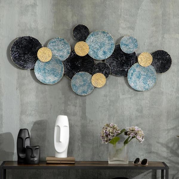 Rootzin metalliseinäkoristelu - 3D-seinätaide ympyröillä - Seinäkoriste - Kulta + sininen + musta - 121 cm x 4 cm x 53 cm