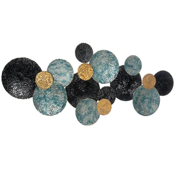 Rootz Metal Väggdekor - 3D väggkonst med cirklar - Väggdekoration - Guld + Blå + Svart - 121cm x 4cm x 53 cm