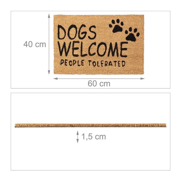 Relaxdays kokosmatta, entrématta «Dogs Welcome», 60x40 cm, gummibelagd, hållbar, inomhus, utomhus, natur