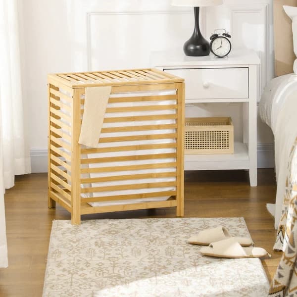 Rootz Bamboo Vasketøjskurv - Aftagelig Vasketøjspose - Vaskemaskine - Vandtæt - Ikke-vævet stof - Naturlig + Beige - 50L x 36W x 60H cm