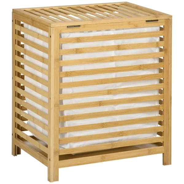 Rootz Bamboo Vasketøjskurv - Aftagelig Vasketøjspose - Vaskemaskine - Vandtæt - Ikke-vævet stof - Naturlig + Beige - 50L x 36W x 60H cm
