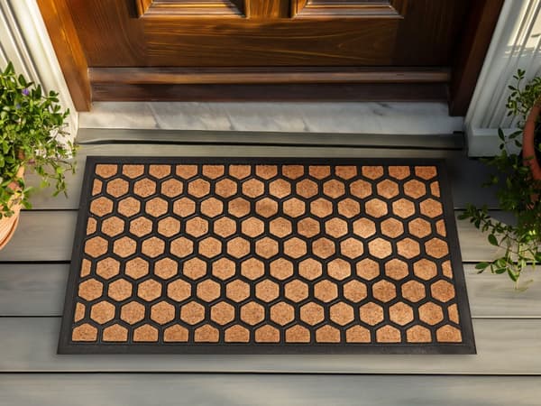 Dørmåtte Brun Sort 45 x 75 cm Udendørs Måtte til Entre med Bikage Mønster Skomåtte med Gummibagside Skridsikker