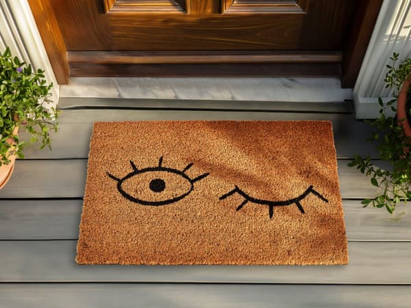 Dørmåtte Kokos Brun 40 x 60 cm Udendørs Måtte til Entre med Øjne Mønster Skomåtte med Gummibagside Skridsikker Kokosmåtte