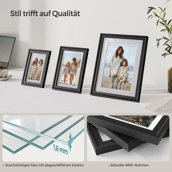 Rootz 7 delar ask svart fotoramset - Väggdekor - MDF & glas - Storlek 23 x 28 cm, 15,3 x 20,4 cm, 12,8 x 17,9 cm - Lättvikt - Fäster och krokar ingår