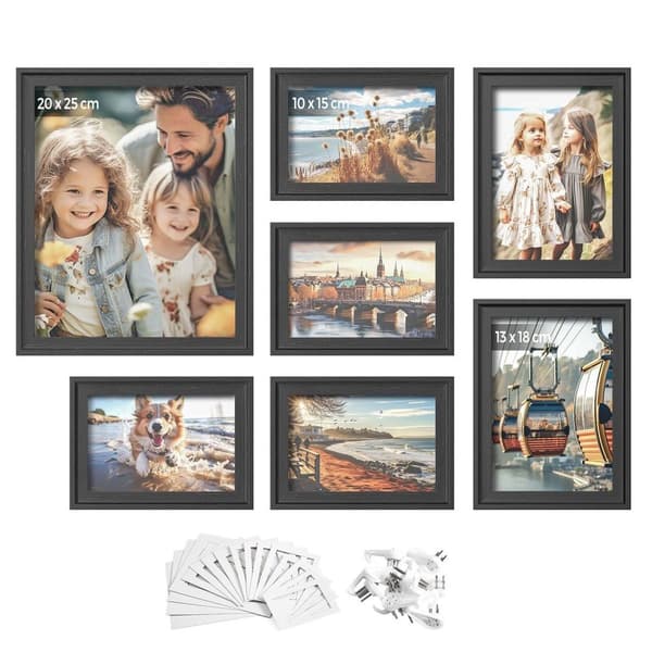 Rootz 7 delar ask svart fotoramset - Väggdekor - MDF & glas - Storlek 23 x 28 cm, 15,3 x 20,4 cm, 12,8 x 17,9 cm - Lättvikt - Fäster och krokar ingår