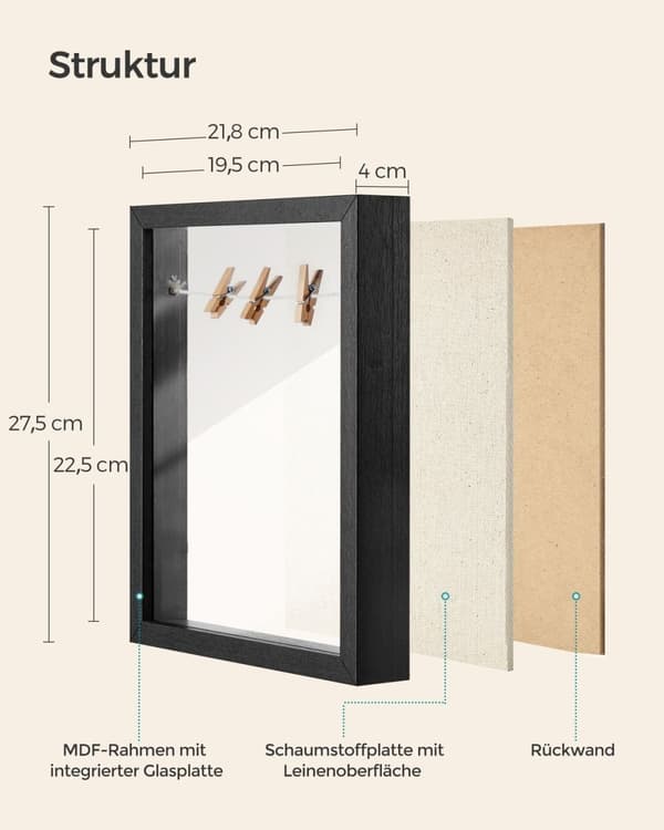 Rootz Väggmonterad fotoram - Bildram - Glasram - MDF - Invändigt djup 3,5 cm - 30,4 cm x 5,5 cm x 38 cm