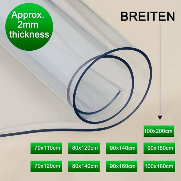Rootz 2 mm tjock PVC-duk - Transparent bordsskydd - Vattentät och värmebeständig - Klar sikt - Lätt att rengöra - Flera storlekar - 80 cm x 200 cm