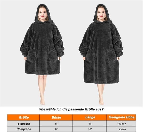 Rootz WOLTU Hættetæppe - Bærbart tæppe - Tæppetrøje - Komfortabel og høj kvalitet - 107 cm x 90 cm - Grå/Antracit