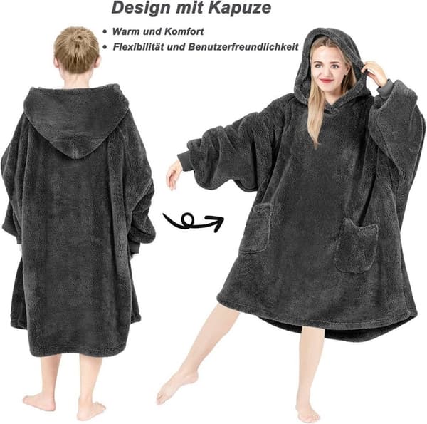Rootz WOLTU Hættetæppe - Bærbart tæppe - Tæppetrøje - Komfortabel og høj kvalitet - 107 cm x 90 cm - Grå/Antracit