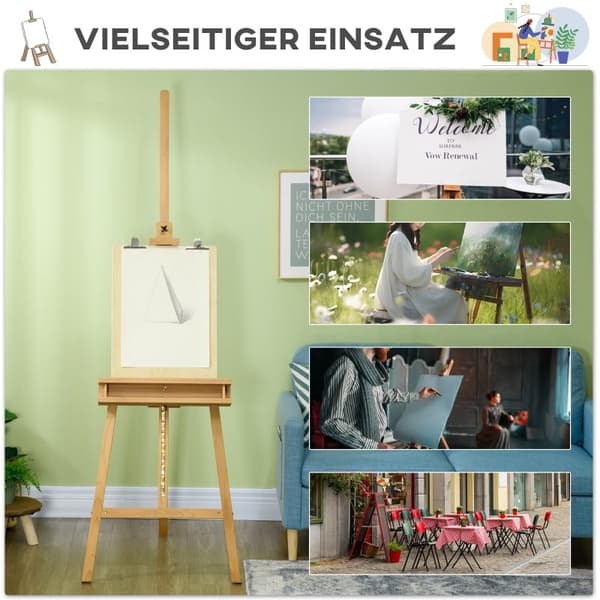 Rootz Bøgetræ staffeli - Justerbar højde - Malers staffeli - Stativ til bryllupsskilte - Stabilt stativdesign - 65 cm x 110 cm x 180-235 cm