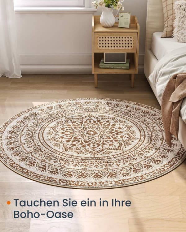 Rootz Round Boho Style Matta - Cappuccino Beige - Polyesterfilt TPR - Lätt - 120 cm diameter - 1,6 kg - Utomhusmatta för inomhusbruk