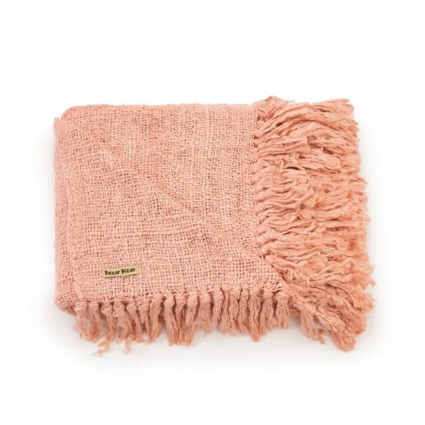 Rootz Luxury Salmon Pink håndvævet bomuldsplaid - tæppe - hygge plaid - silkelook - 170 cm x 130 cm x 3,5 cm