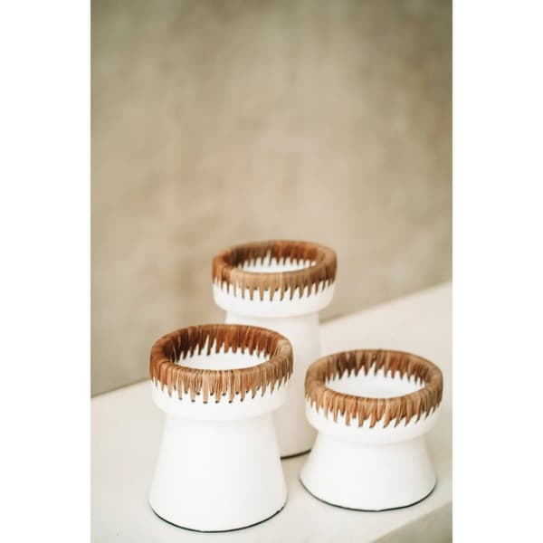 Rootz Pretty White Candle Holder - Terracotta Candle Stand - Raffia Decor - Stylish Home Accent - 13cm x 13cm x 16 cm