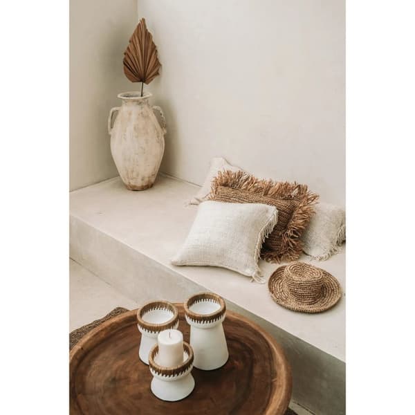 Rootz Pretty White Candle Holder - Terracotta Candle Stand - Raffia Decor - Stylish Home Accent - 13cm x 13cm x 16 cm