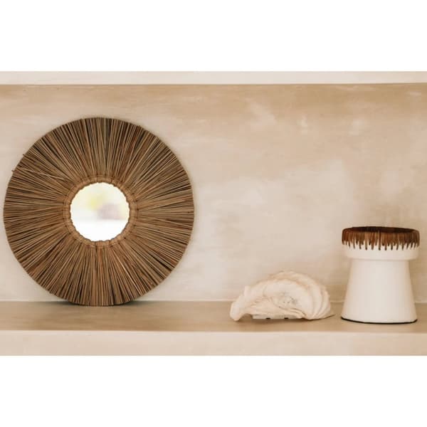 Rootz Pretty White Candle Holder - Terracotta Candle Stand - Raffia Decor - Stylish Home Accent - 13cm x 13cm x 16 cm