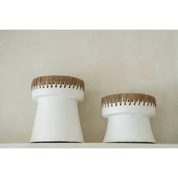 Rootz Pretty White Candle Holder - Terracotta Candle Stand - Raffia Decor - Stylish Home Accent - 13cm x 13cm x 16 cm