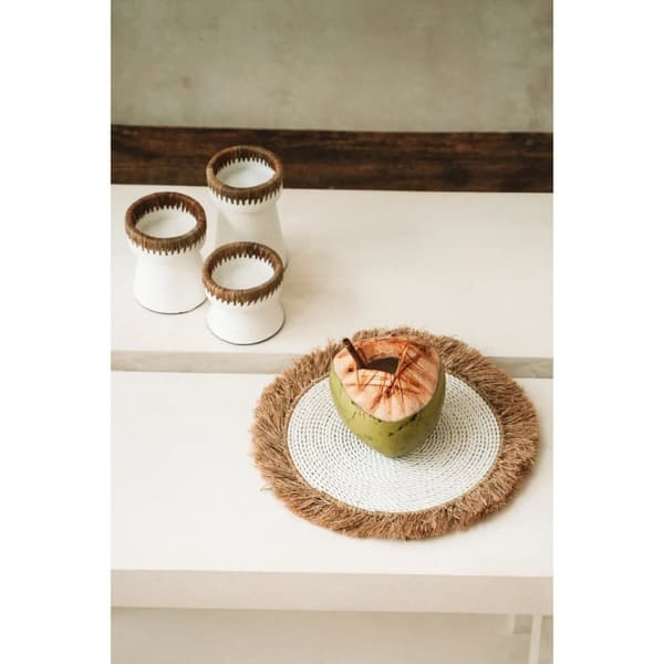 Rootz Pretty White Candle Holder - Terracotta Candle Stand - Raffia Decor - Stylish Home Accent - 13cm x 13cm x 16 cm