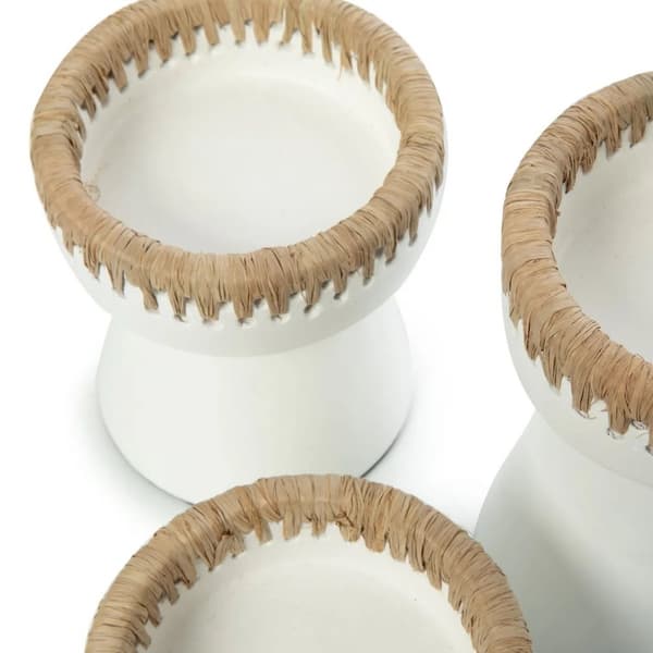 Rootz Pretty White Candle Holder - Terracotta Candle Stand - Raffia Decor - Stylish Home Accent - 13cm x 13cm x 16 cm