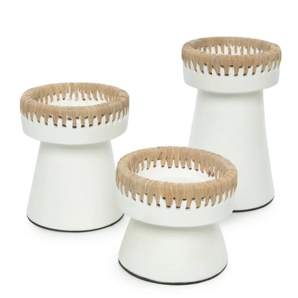 Rootz Pretty White Candle Holder - Terracotta Candle Stand - Raffia Decor - Stylish Home Accent - 13cm x 13cm x 16 cm