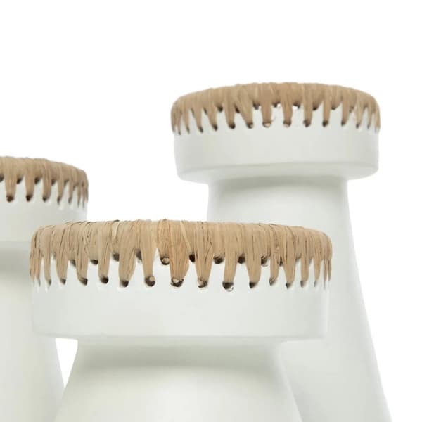 Rootz Pretty White Candle Holder - Terracotta Candle Stand - Raffia Decor - Stylish Home Accent - 13cm x 13cm x 16 cm
