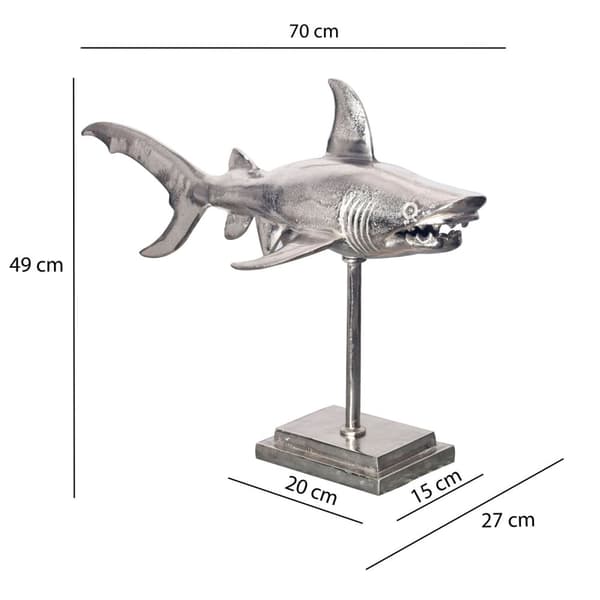 Rootz Dekorativ hajfigur - Modern staty - Unik handgjorda skulpturer - Silver Aluminium - 70 cm x 49 cm x 27 cm
