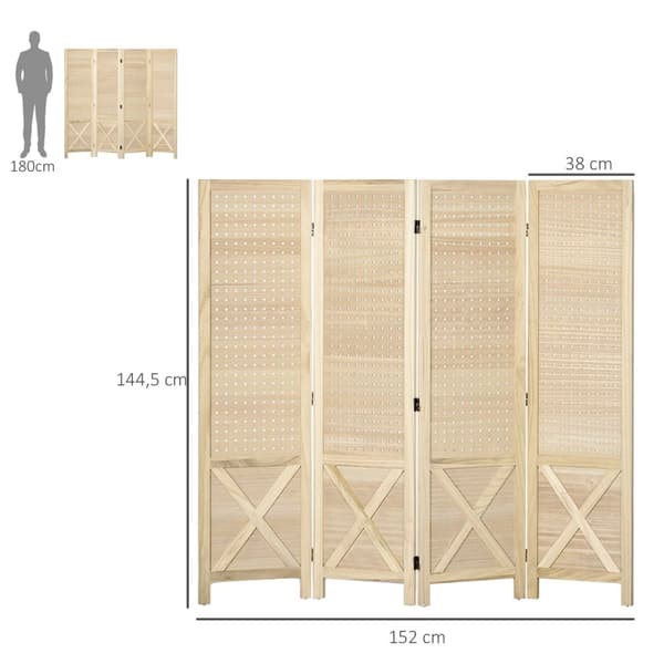 Rootz 4 Panel Wood Paravent - Room Divider - Foldbar Partition - Sekretesslösning - 152 cm x 1,7 cm x 144,5 cm brun