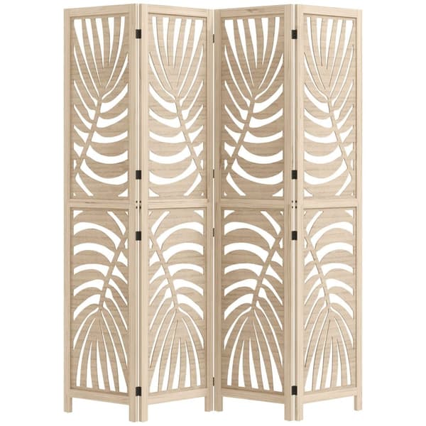 Rootz 4 Panel Paravent - Room Divider - Folding Screen - Sekretessskärm - Brun, elegant bladdesign, vikbar, 160 cm x 170 cm