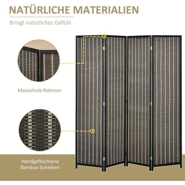 Rootz Foldbar Room Divider - Privatlivsskærm - Paravent - Træ/bambus i høj kvalitet - 180 cm x 180 cm - Brun/sort