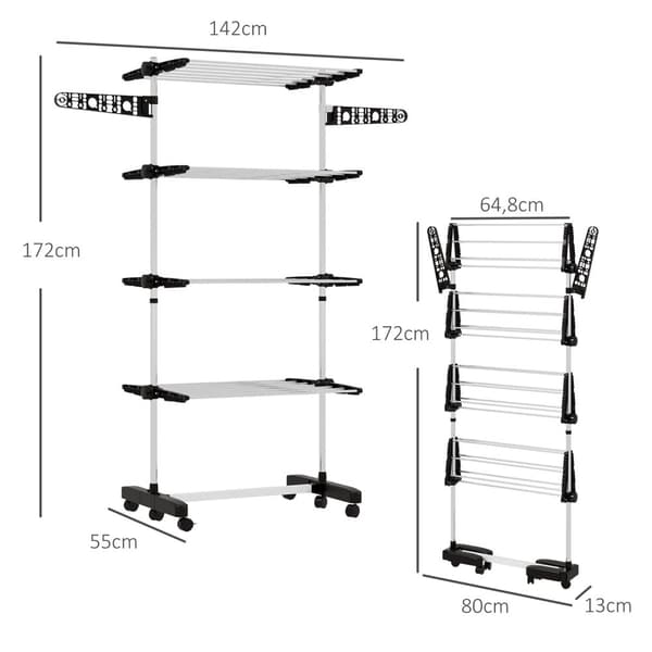 Rootz vaskeri tørretumbler - sammenfoldelig tøj airer - tørringsstativ - et -klik -system - 142 cm x 55 cm x 172 cm - Black & Silver