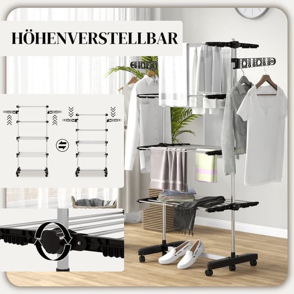 Rootz vaskeri tørretumbler - sammenfoldelig tøj airer - tørringsstativ - et -klik -system - 142 cm x 55 cm x 172 cm - Black & Silver