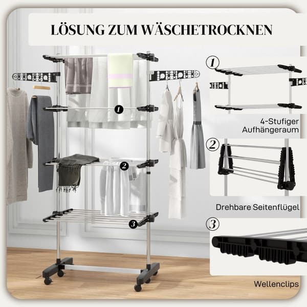 Rootz vaskeri tørretumbler - sammenfoldelig tøj airer - tørringsstativ - et -klik -system - 142 cm x 55 cm x 172 cm - Black & Silver