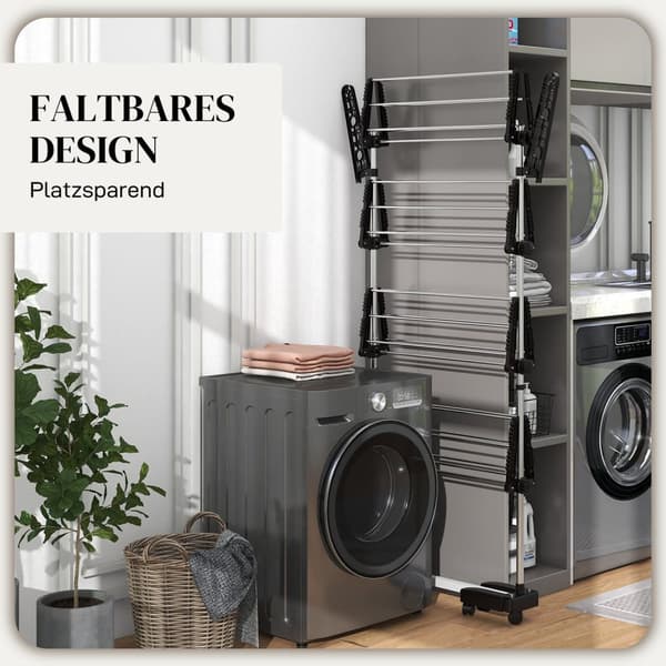 Rootz vaskeri tørretumbler - sammenfoldelig tøj airer - tørringsstativ - et -klik -system - 142 cm x 55 cm x 172 cm - Black & Silver