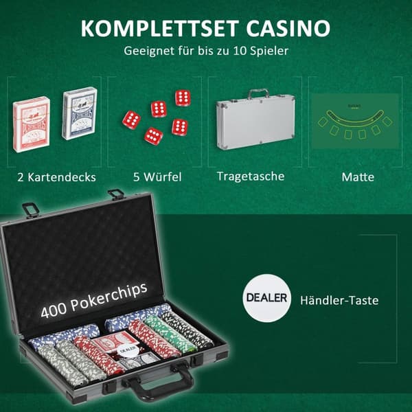 Rootz Poker Set - Poker Case - 400 Chips - Casinospil - 39,5 cm x 28cm x 8cm - Organiseret spil - Texas Hold'em for op til 10 spillere