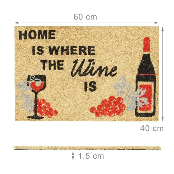 Relaxdays Kokosfiber dörrmatta entrédörr golvmatta HOME IS WHERE WINE IS 60x40 vinflaska halkfri PVC, natur
