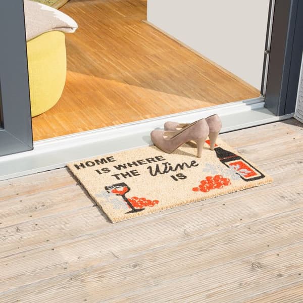 Relaxdays Kokosfiber dörrmatta entrédörr golvmatta HOME IS WHERE WINE IS 60x40 vinflaska halkfri PVC, natur