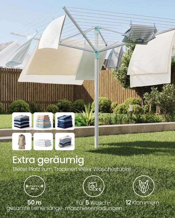 Rootz 50m tøjlinje - vaskeri - tørringsstativ - holder 5 belastninger - justerbar højde 121-183 cm - 170 cm x 170 cm - sølvgrøn