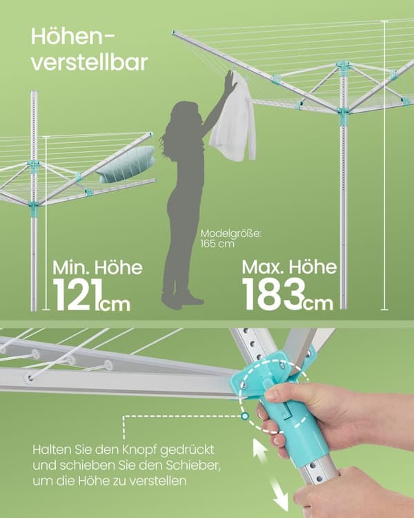 Rootz 50m tøjlinje - vaskeri - tørringsstativ - holder 5 belastninger - justerbar højde 121-183 cm - 170 cm x 170 cm - sølvgrøn