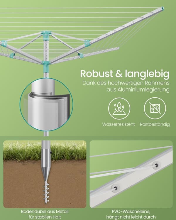 Rootz 50m tøjlinje - vaskeri - tørringsstativ - holder 5 belastninger - justerbar højde 121-183 cm - 170 cm x 170 cm - sølvgrøn