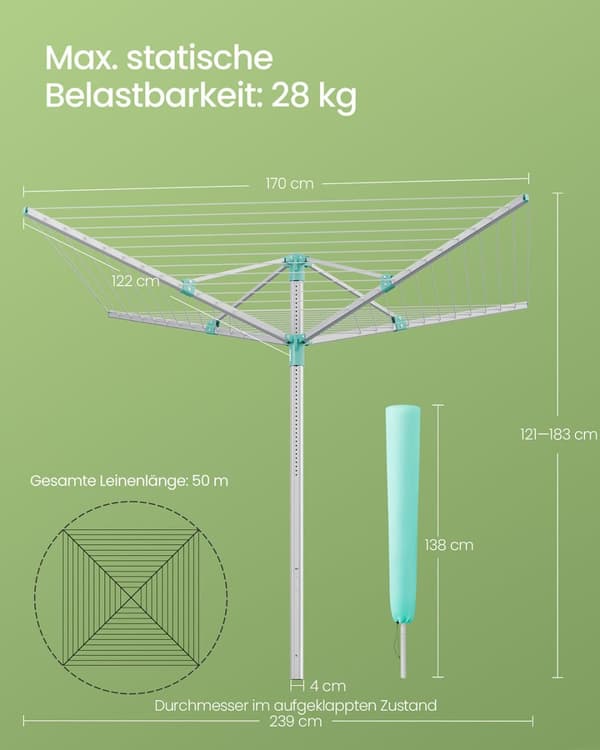 Rootz 50m tøjlinje - vaskeri - tørringsstativ - holder 5 belastninger - justerbar højde 121-183 cm - 170 cm x 170 cm - sølvgrøn
