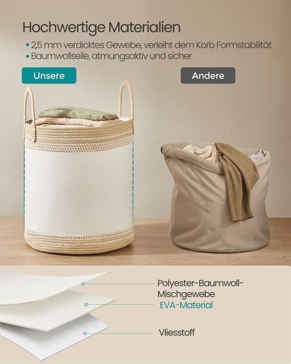 ROOTZ 60L Vaskeri Kurv - Vask Hamper - Opbevaringsbakke - Hvid og brun - Polyester bomuld - 41x41x46cm