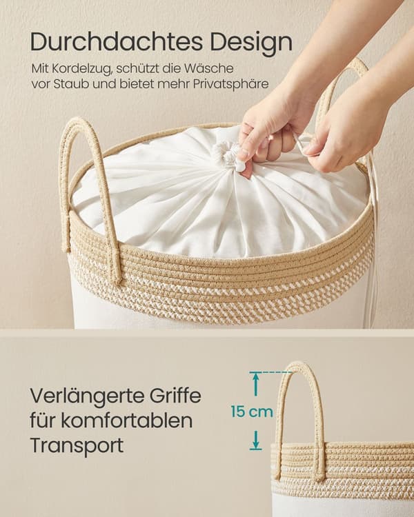ROOTZ 60L Vaskeri Kurv - Vask Hamper - Opbevaringsbakke - Hvid og brun - Polyester bomuld - 41x41x46cm
